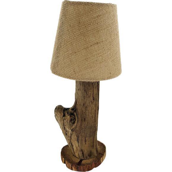 Driftwood Table Lamp Small Burlap Shade 13 Inches Tall Unique Handmade Electric - Picture 1 of 12
